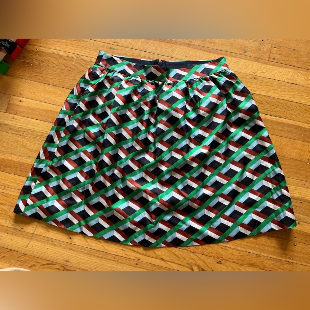 Silk J Crew basketweave geometric mini puff skirt navy blue green brown 4 preppy